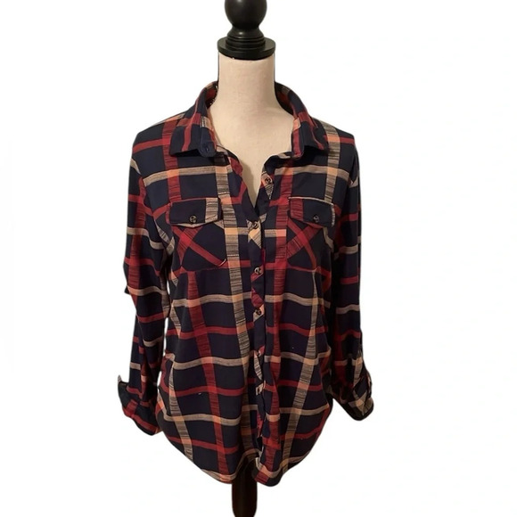 Eden & Olivia Plaid Maternity Shirt Long Sleeves with Tabs Button Front XL Long - Picture 1 of 7